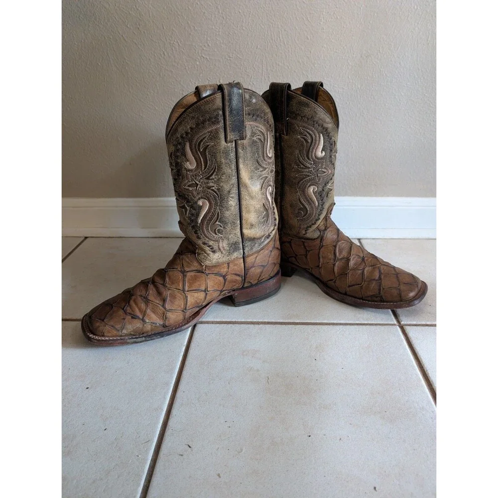 Soto Pirarucu Cowboy Boots Men's Size 9.5 Leather Brown Fish Exotic